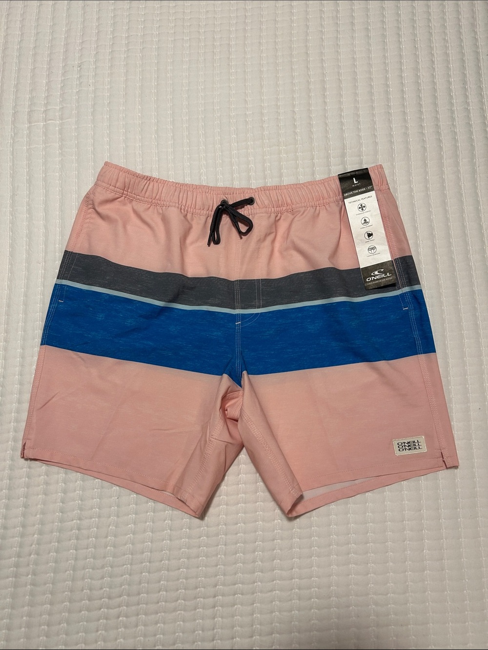 O'Neill Pink Swim Board Shorts with Blue and Gray Stripes Large Unlined